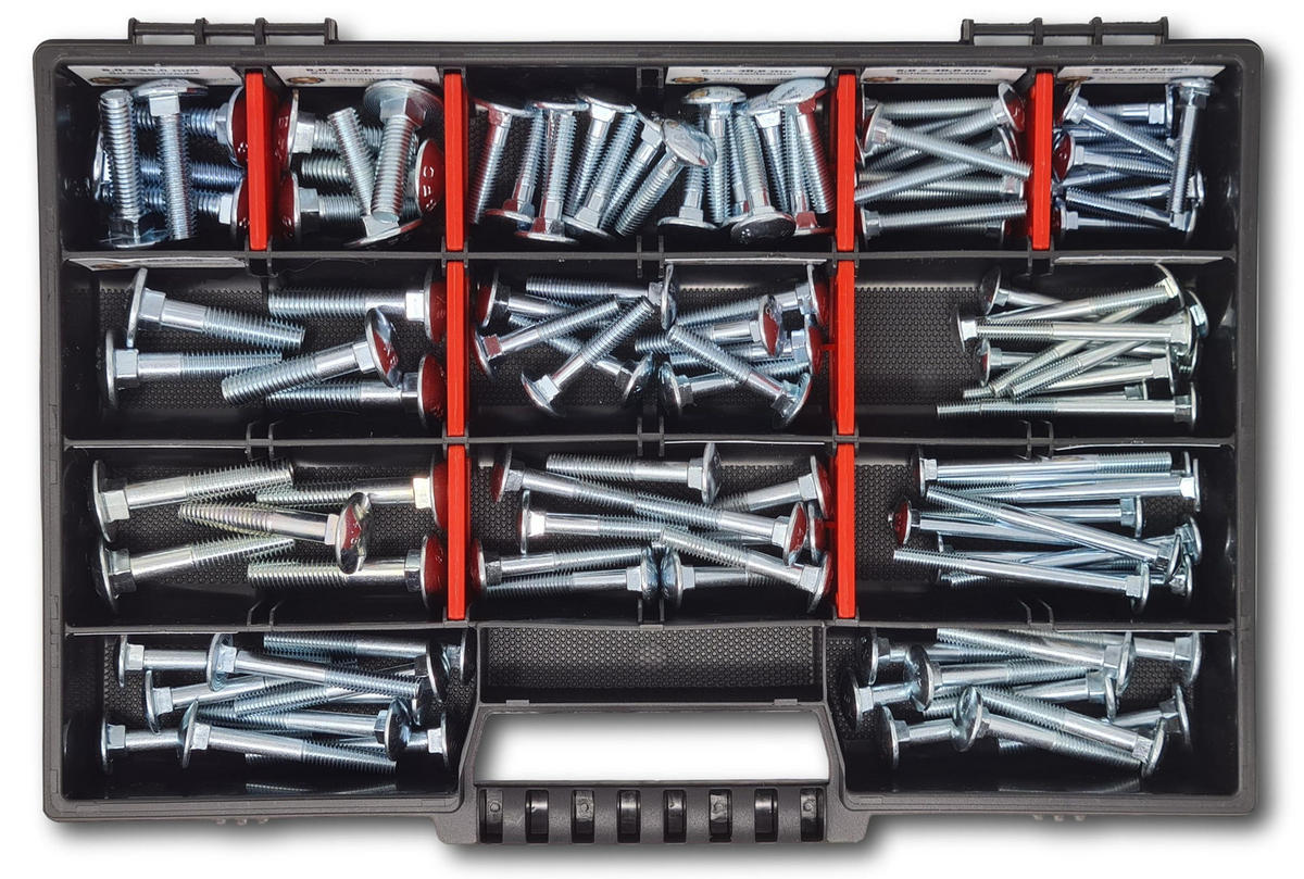 FLACHKOPFSCHRAUBEN Sortiment M5-M6-M8 // 30mm-60mm 115 tlg. Schraubenbox DIN 603 - Zinkfarben, Metall (3.5cm) - Schraubenbox24