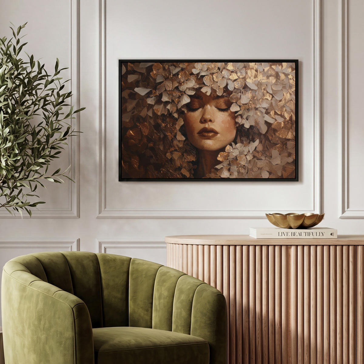 LEINWAND Bilder mit Rahmen - Gesicht - Dame - Blätter - Pinselstriche - 60x40 - Goldfarben, Textil (60/40cm) - MuchoWow