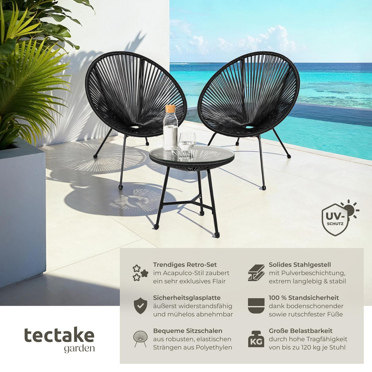 GARTENSTUHL 2er Set Santana mit Tisch, Belastbarkeit Stuhl 120 kg, schwarz - Schwarz, Kunststoff - tectake