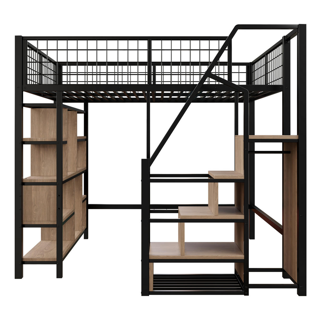 HOCHBETT 140/200 cm aus Metall und Holzwerkstoff mit Stauraumtreppe und offenem Arbeitsbereich, Schwarz - Schwarz, Metall (140/200cm) - Redom