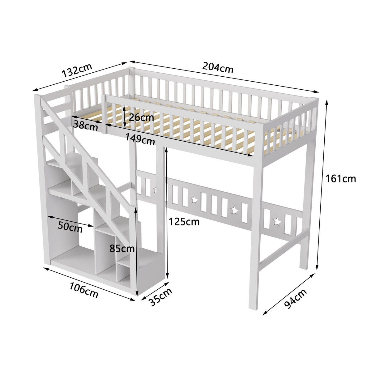 HOCHBETT 90x200 cm, Sicherheitsgeländer, Stauraumtreppe, Massivholz in Weiß, ideal für Teenager & Kinder - Weiß, Holz (90/200cm) - BRILVERDE