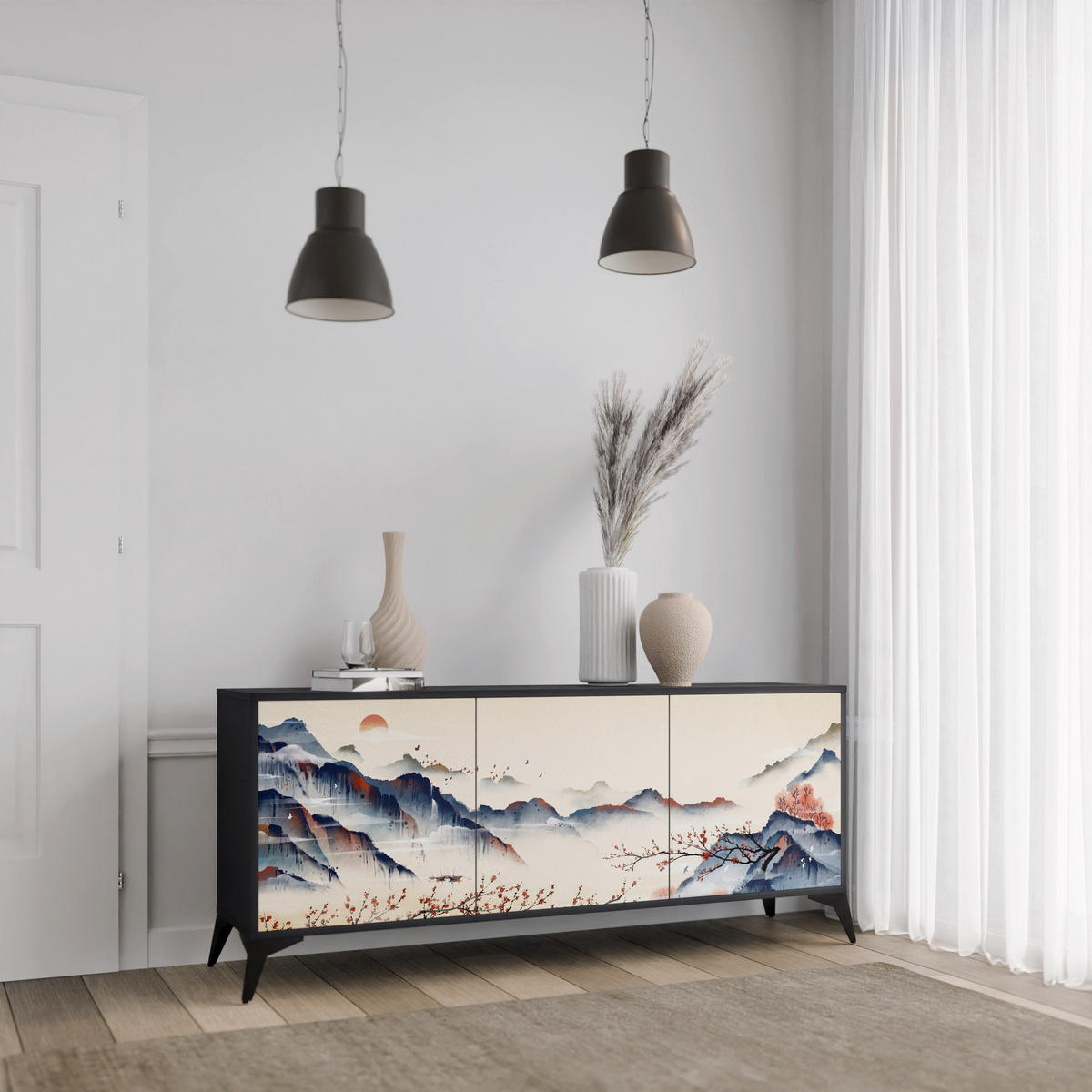 SIDEBOARD JAPANESE LANDSCAPE, Eicheneffekt, 164,5x42x77,5 cm, 3 Türen - Eichefarben/Buchefarben, Holzwerkstoff/Buchenholz (164.5/77.5/42cm) - SpaceRebels