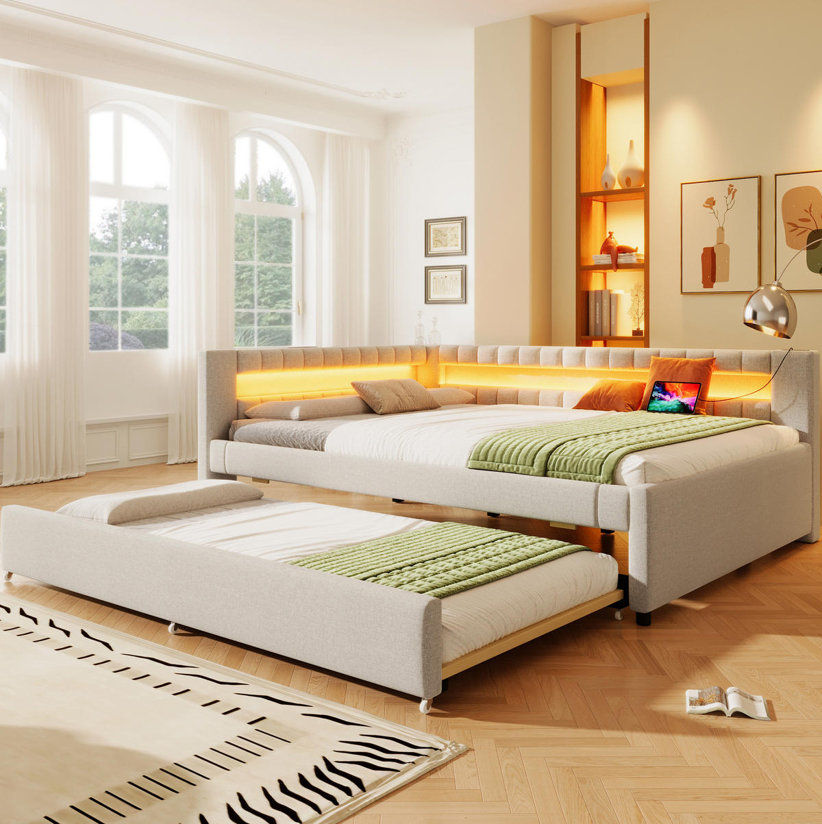 POLSTERBETT mit LED-Beleuchtung 140/200 cm mit Ausziehbett in Beige - Beige, Textil (140/200cm) - BEAOK