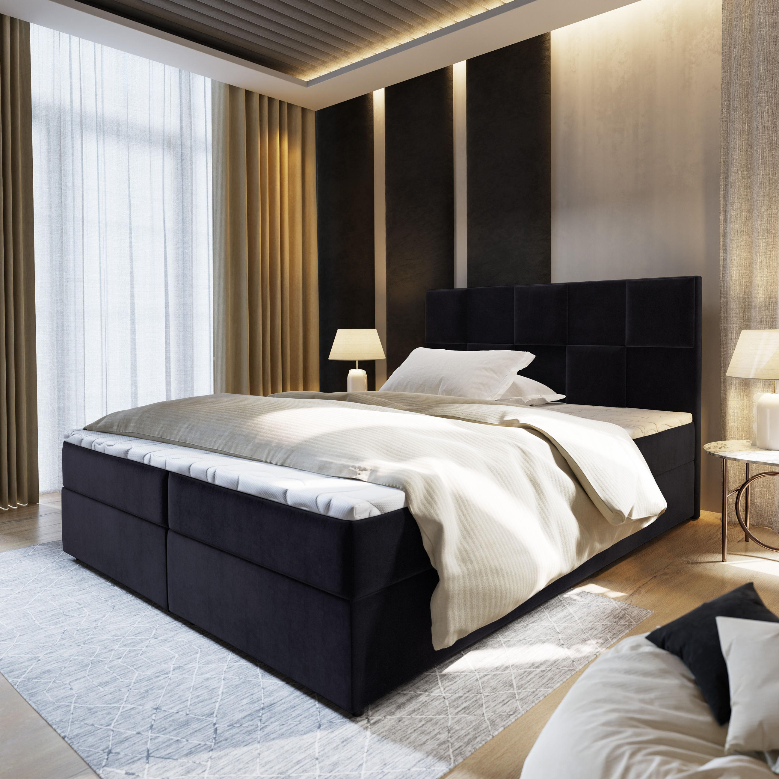 BOXBETT PRATA 180x200 cm mit Matratze und Topper - Schwarz - Schwarz, Holz (180/200cm) - MASSENO