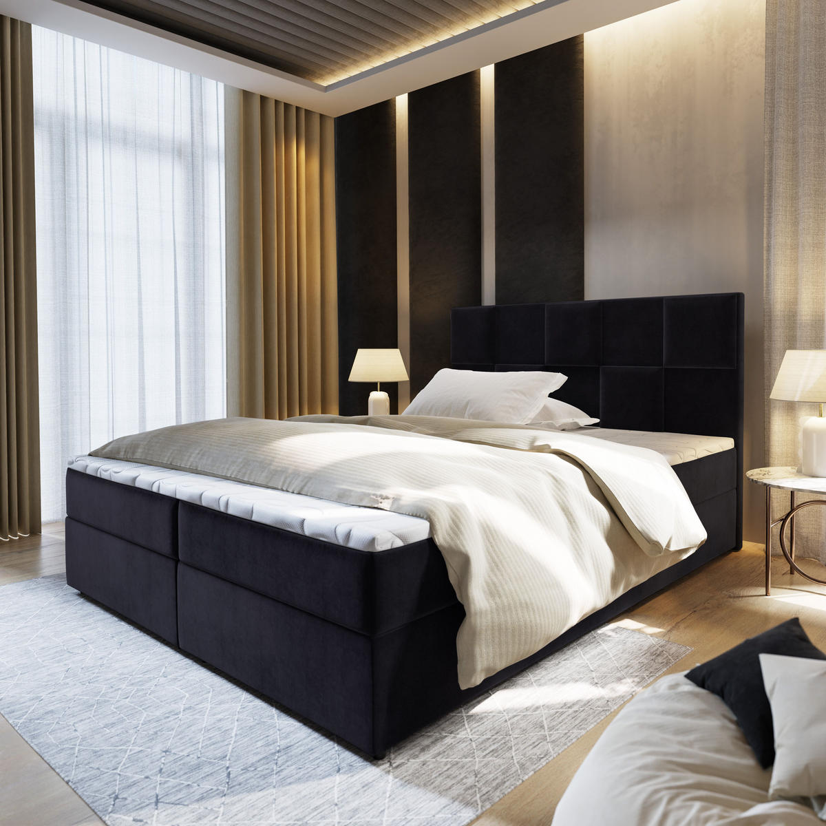 BOXBETT PRATA 180x200 cm mit Matratze und Topper - Schwarz - Schwarz, Holz (180/200cm) - MASSENO