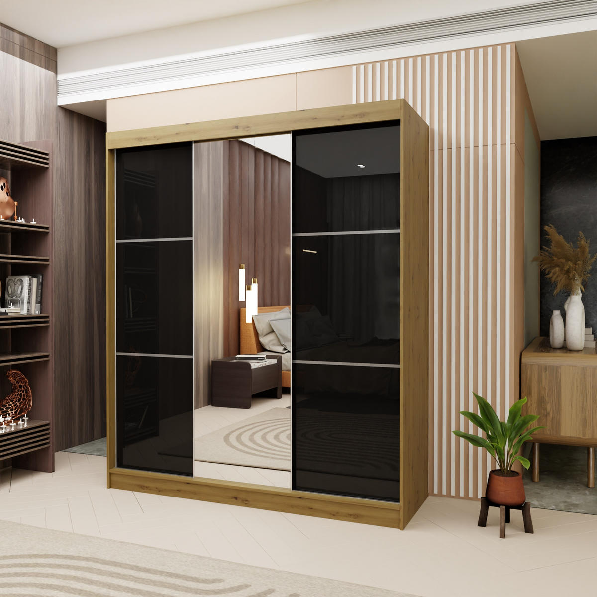 SCHWEBETÜRENSCHRANK VITALE 180/216/61 cm 3-türig mit Spiegel Eiche Artisan - Schwarz/Eiche Artisan, Holzwerkstoff (180/216/61cm) - MASSENO