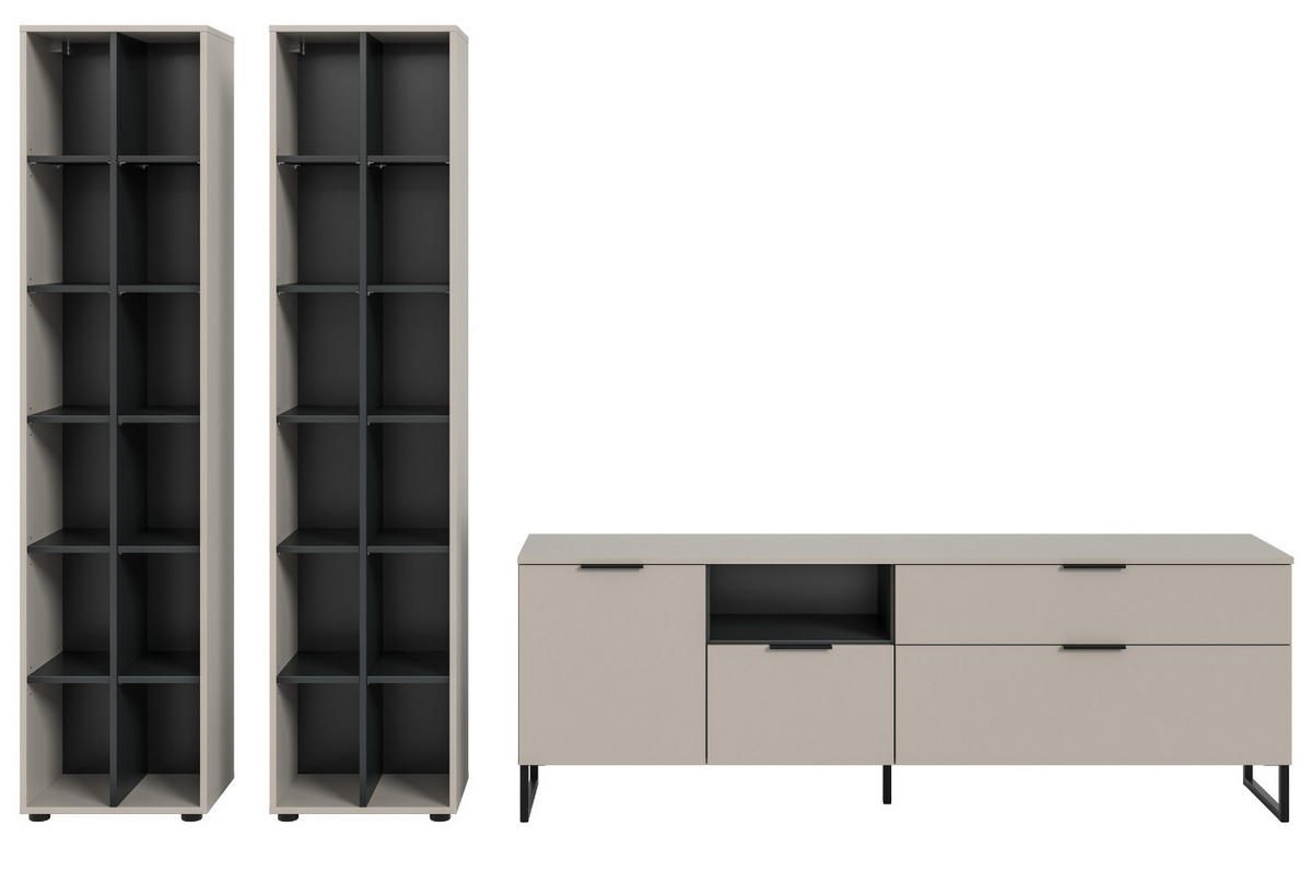 WOHNWAND kaschmir, schwarz 305 cm, Wohnzimmerschränke mit Soft-Close - Kaschmir/Schwarz, Holzwerkstoff/Kunststoff (305/192/41cm) - Inn.Furn