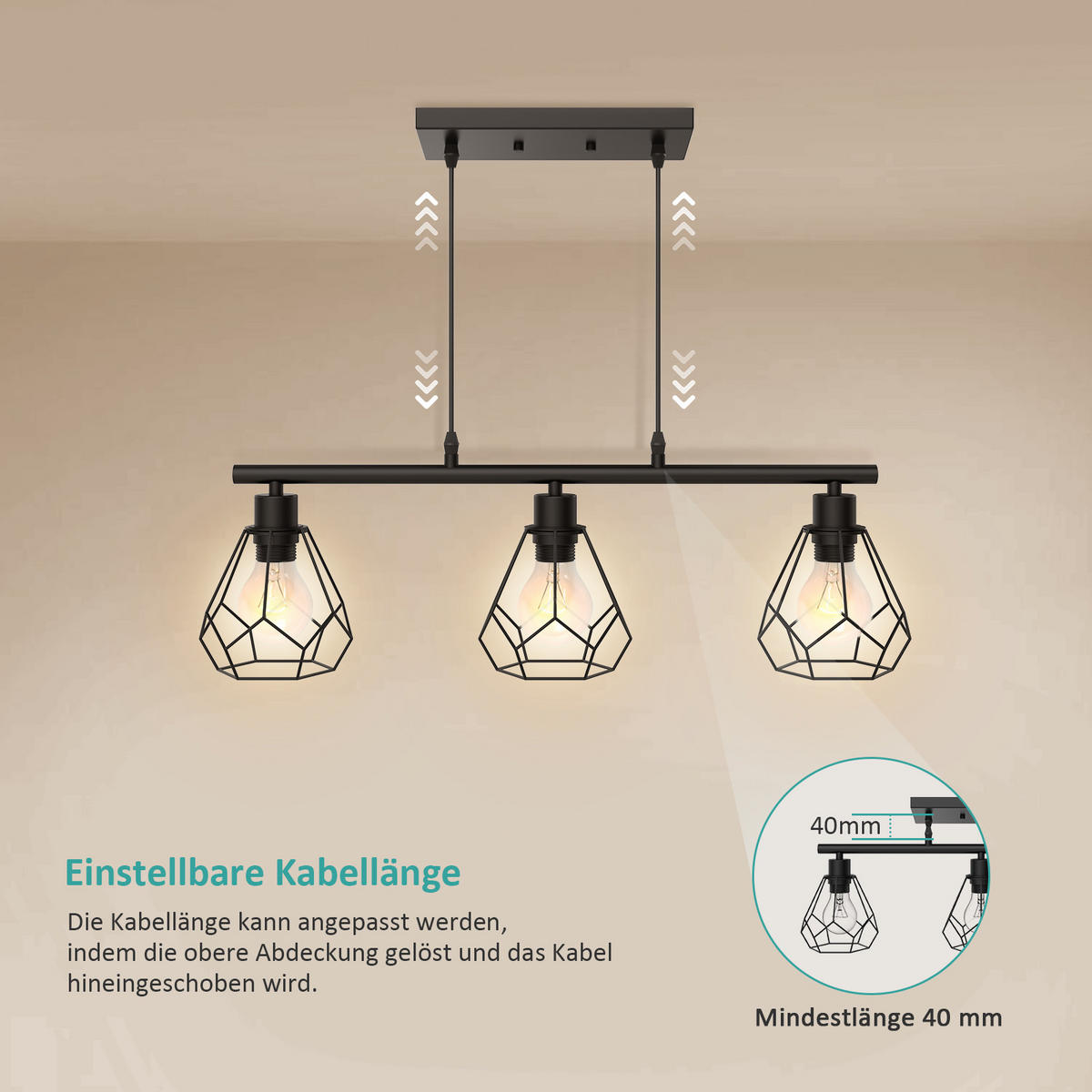 PENDELLEUCHTE mit Höhenverstellung, 3-flammig, schwarz - Schwarz, Metall (123/14.9/62.9cm) - EMKE