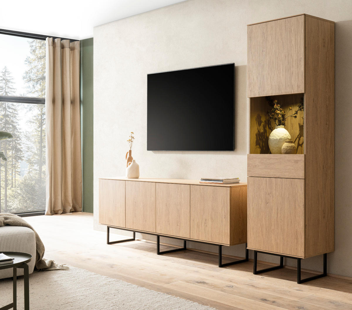 WOHNWAND in Eiche Dekor, Wohnzimmer Set mit TV Lowboard 200 cm und Vitrinenschrank, Push-Open-Funktion - Eichefarben/Schwarz, Holzwerkstoff/Metall (270/200/40cm) - Furn.Design