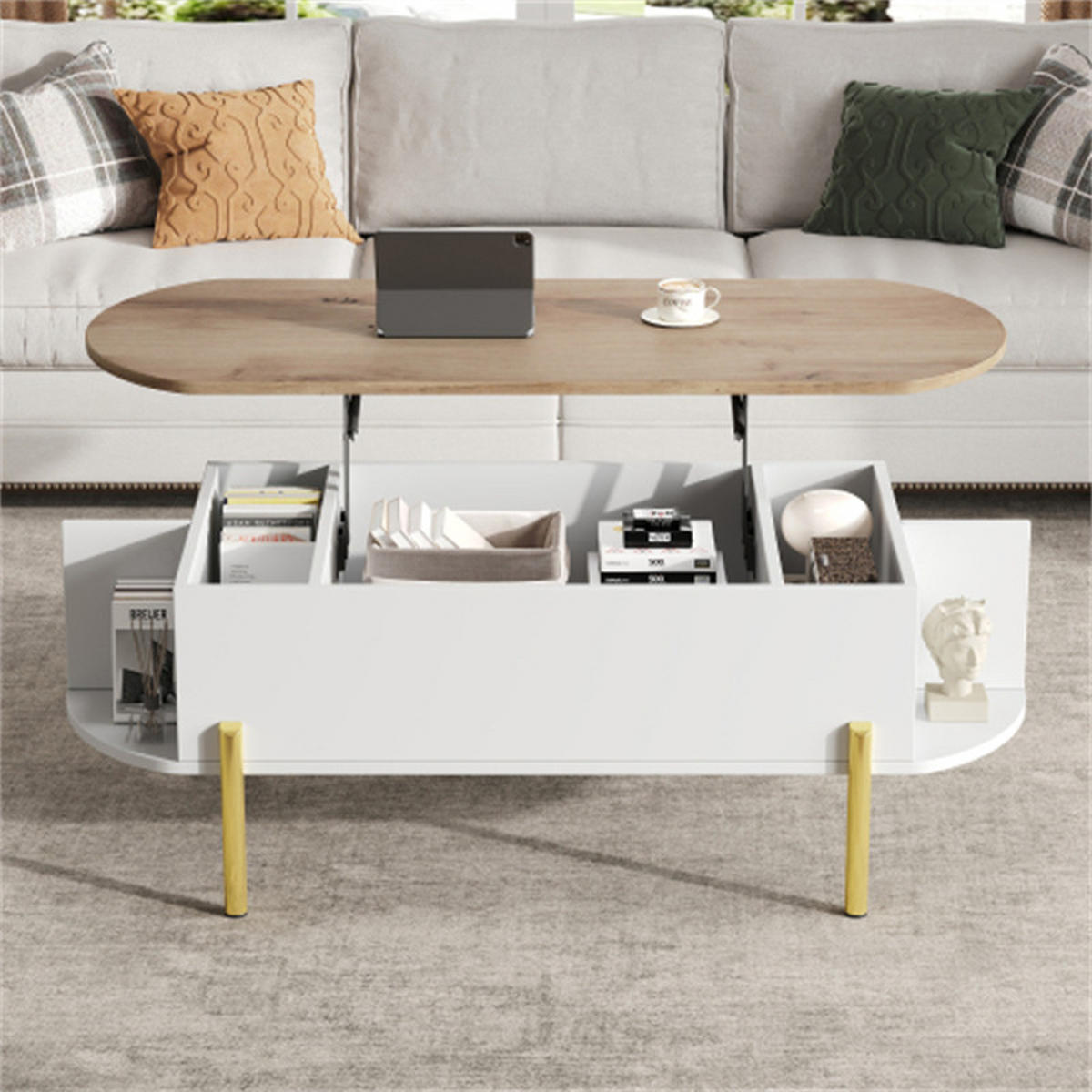 COUCHTISCH 120 x 50 x 43 cm, Wohnzimmer-Couchtisch, höhenverstellbare Tischplatte, mit verstecktem Stauraum, Holzfarbe + Weiß. - Weiß, Holzwerkstoff (120/50/43cm) - Blomus