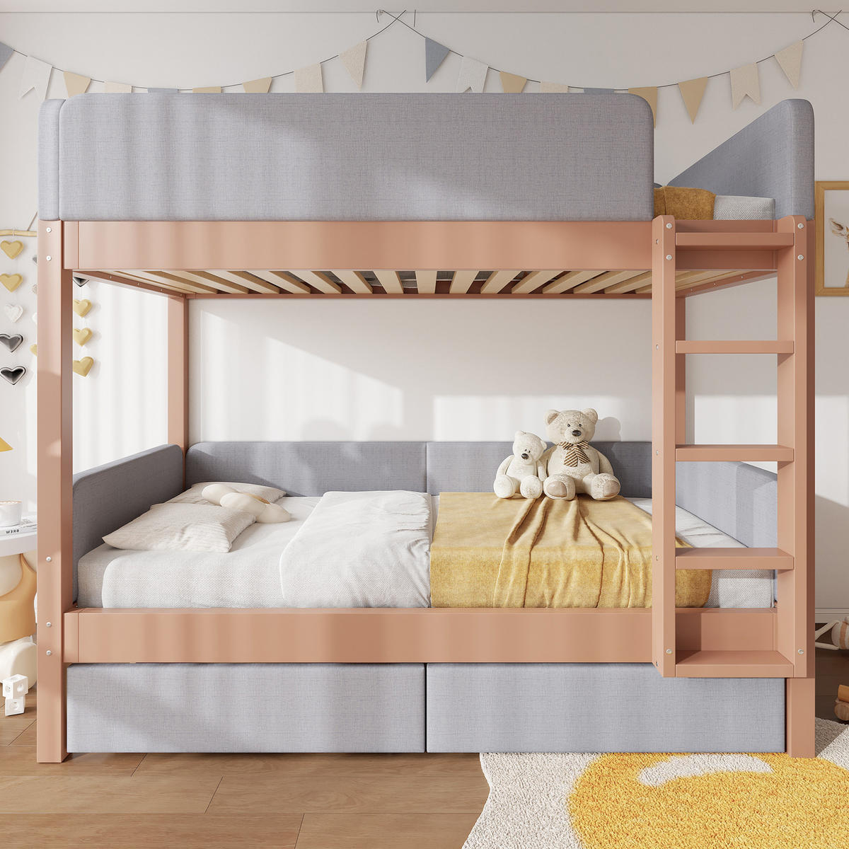 ETAGENBETT mit Treppe und 2 Schubladen 90x200 cm Grau/Natur - Grau, Holzwerkstoff (90/200cm) - Beauniv