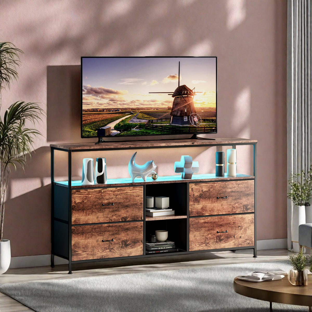 TV-SCHRANK mit Retro-Holzoptik, LED-Licht & 4 Stoffschubladen - Braun, Holzwerkstoff (29.8/76.8/108cm) - SHOPENTRA