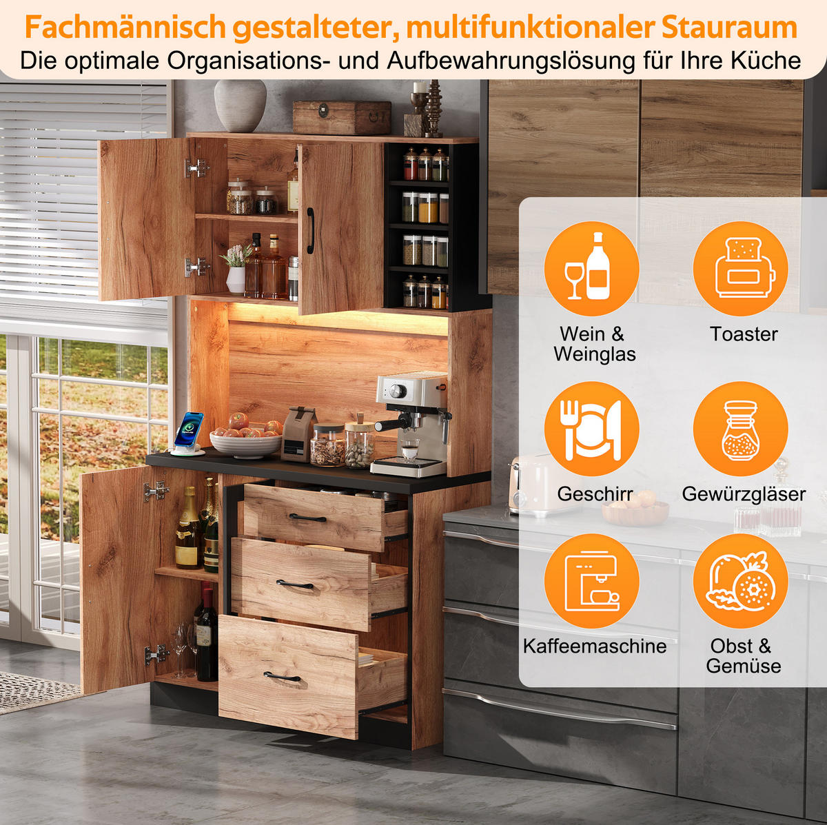 BUFFET aus MDF 105x40x180 cm Neutral mit LED-Beleuchtung, verstellbaren Einlegeböden und Steckdosenleiste - Naturfarben, Holzwerkstoff (105/180/40cm) - Modfu