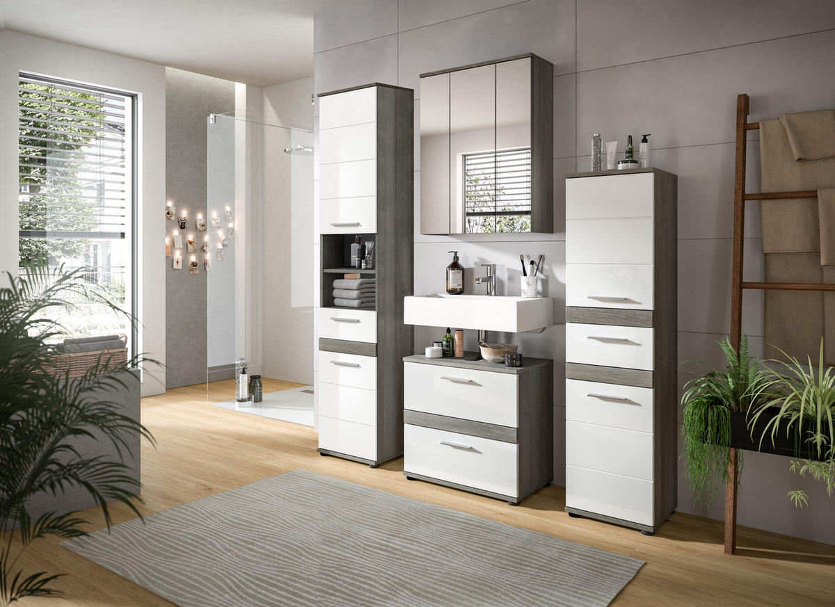 BADKOMBINATION 4tlg. Blake Bad in Rauchsilber Nachbildung und weiß hochglanz B/H/T: 160x191x34 cm - Anthrazit, Holz (160/191/34cm)