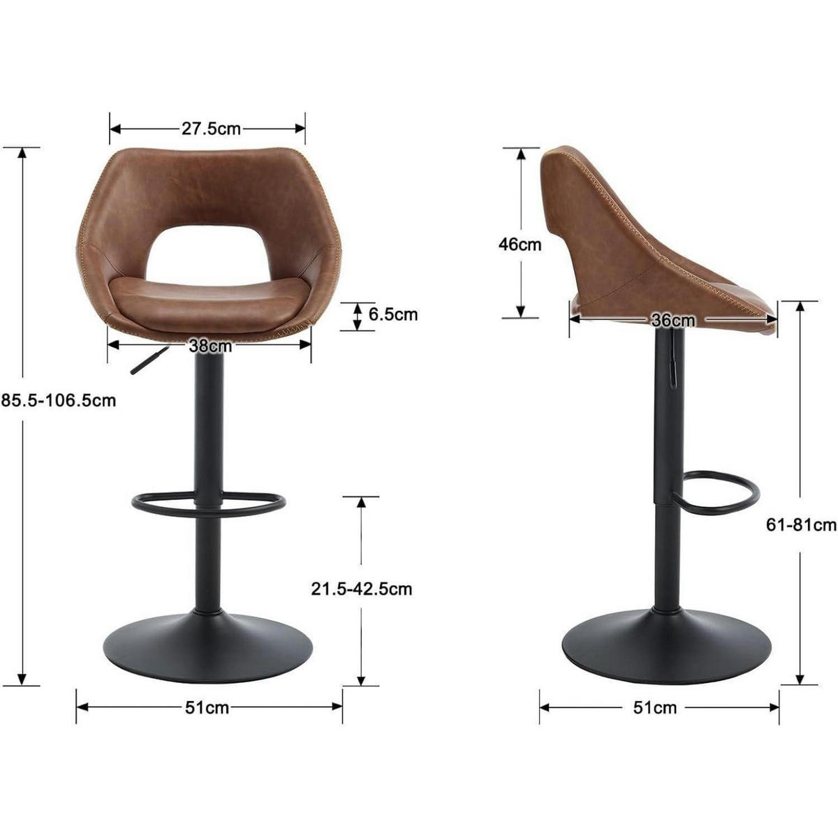 BARHOCKER 4er Set höhenverstellbar drehbar mit Rückenlehne und schwarzer Fußstütze, braun - Braun, Kunststoff (51/106.5/51cm)