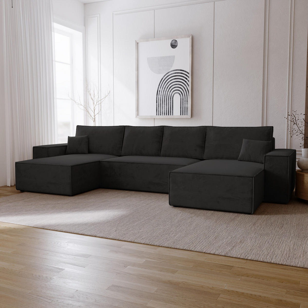 ECKSOFA 380 cm Bergamo U mit Bettkasten, Samt, Schwarz - Schwarz, Holz (377/189cm) - Emporius