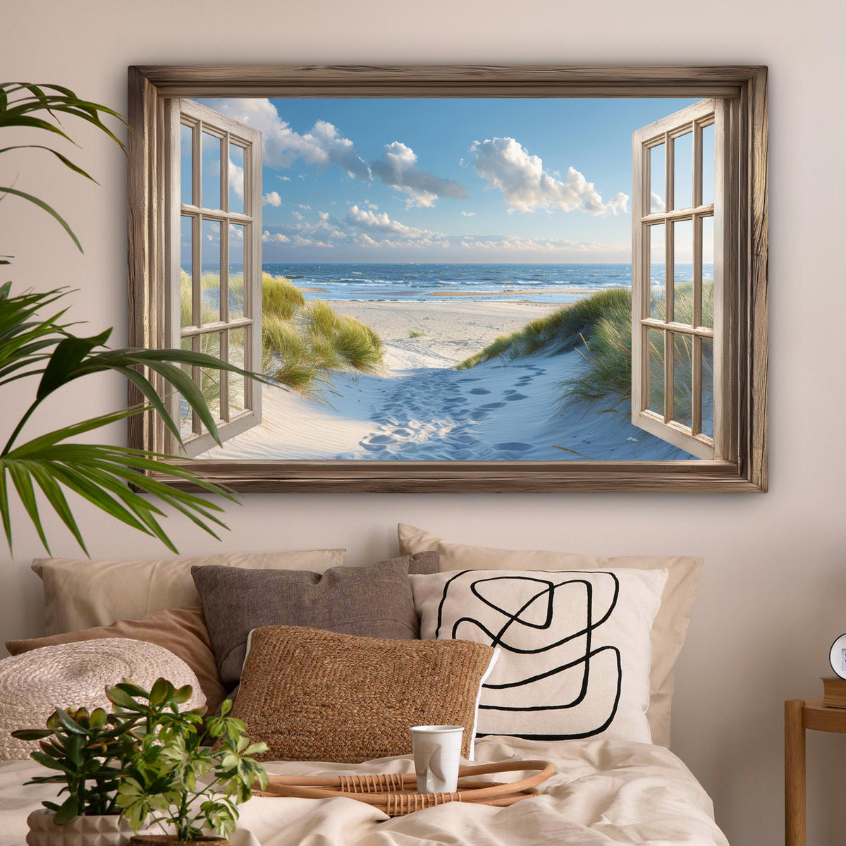 LEINWANDBILD Aussicht - Strand - Fenster - Dünen - Meer Groß 140x90 cm - Hellblau, Textil (140/90cm) - MuchoWow