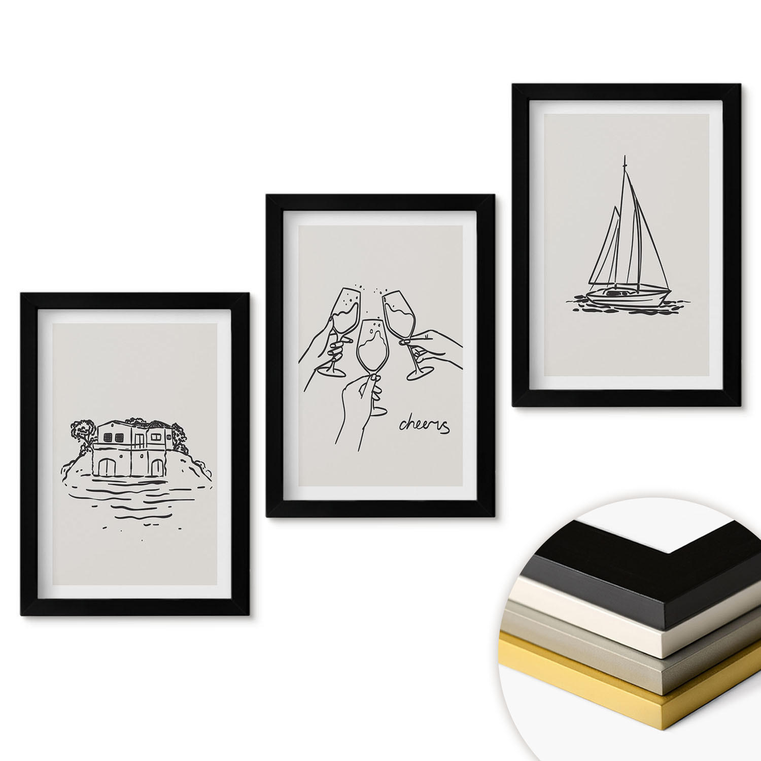 WANDBILDER 3er-Set - 20x30 cm Schwarzer Rahmen - Haus am Wasser, Segelboot-Toast - Schwarz, Kunststoff (20/30cm) - ArtPrintCave