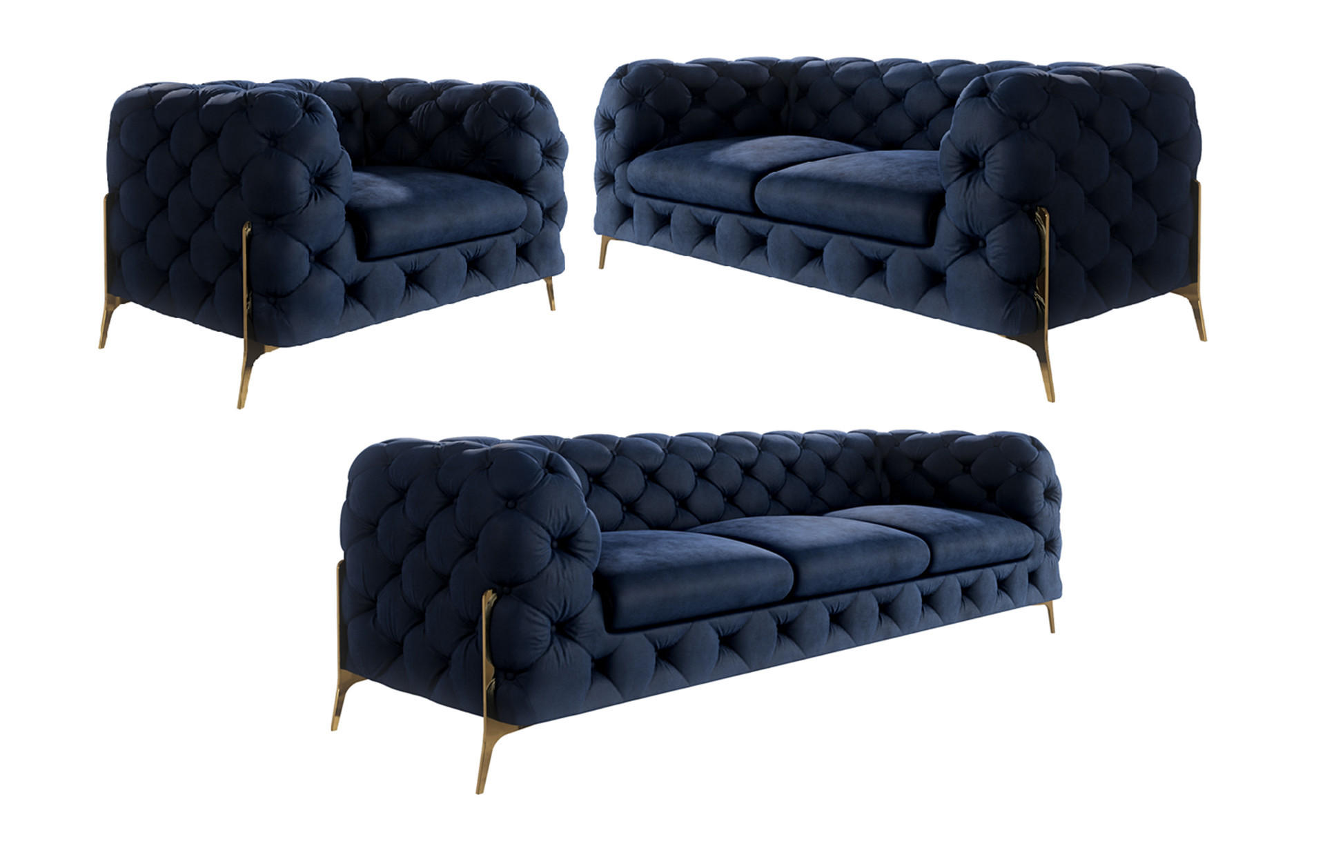 SITZGARNITUR 3+2+1 Chesterfield Lexi Marineblau Samt - Goldfarben/Dunkelblau, Holz/Textil (243/75/100cm) - S-Style Möbel
