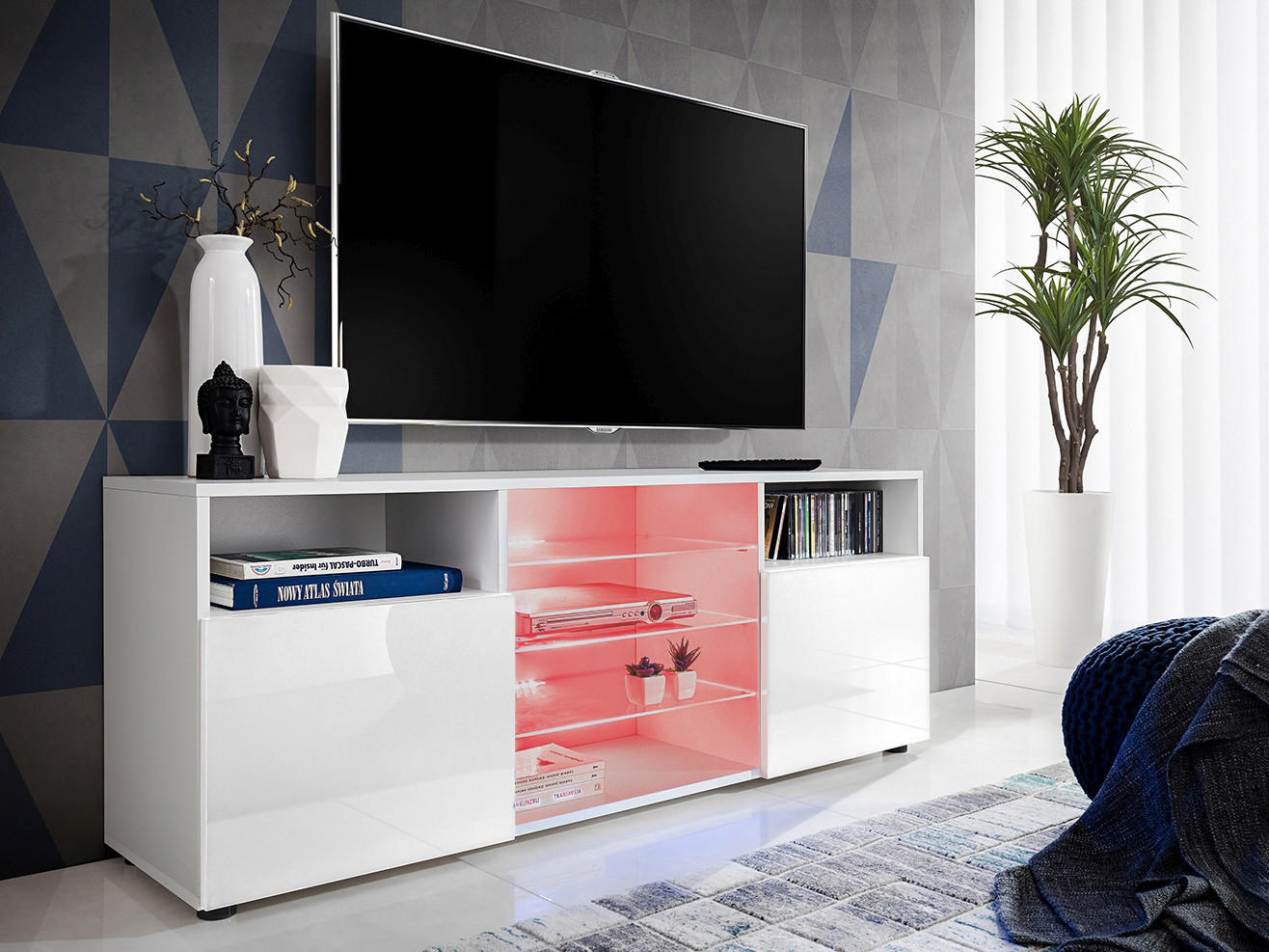 SIDEBOARD TV URBINO Weiß, LED Beleuchtung Mehrfarbige - Weiß, Glas/Holzwerkstoff (140/53/35cm) - Komodee