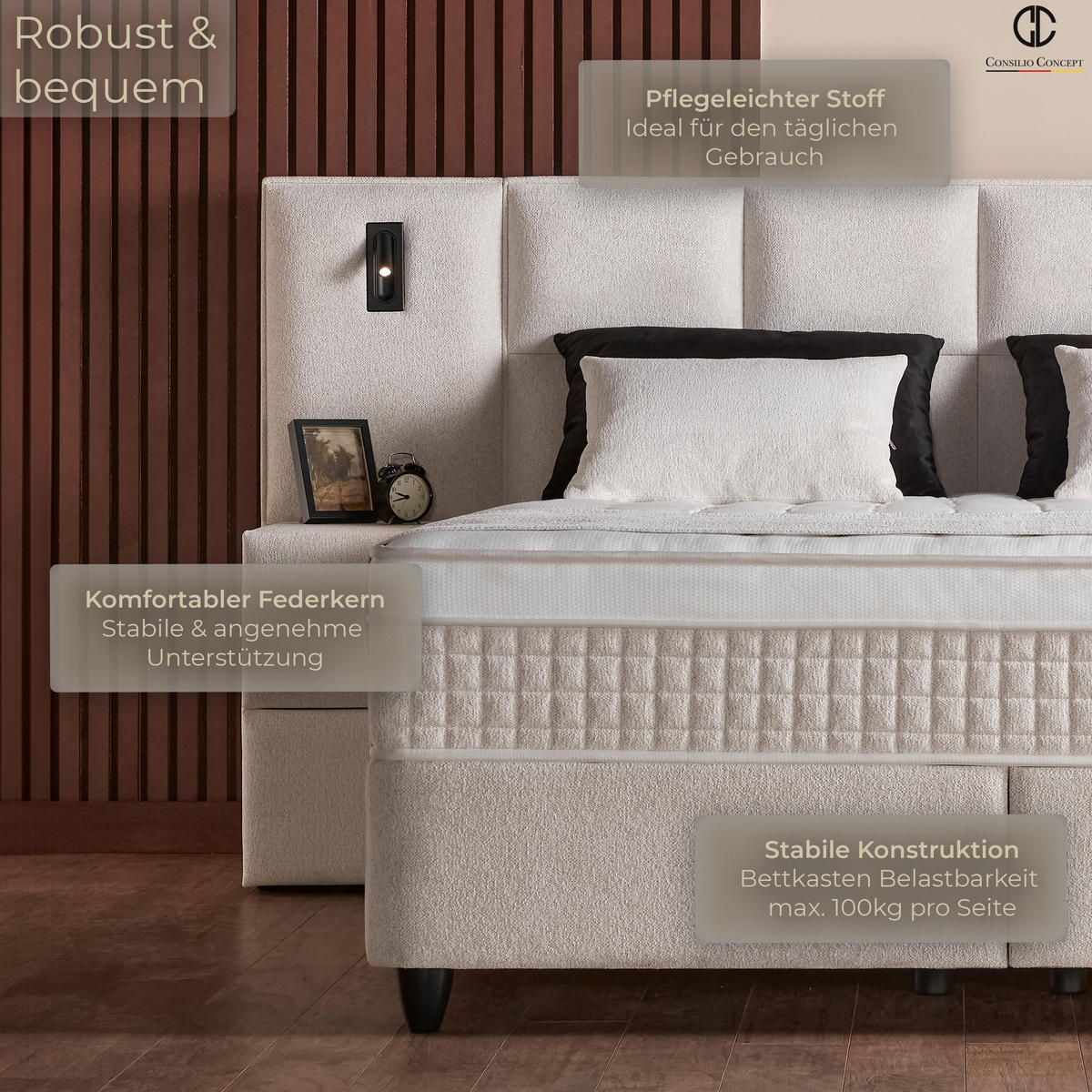BOXSPRINGBETT MIT BETTKASTEN LUXOR 180/200 cm, Ivory, Bettkasten, Matratze, Topper integriert, H3 mittel 7-Zonen Matratze - Creme/Schwarz, Holz/Kunststoff (180/200cm) - Consilio Concept
