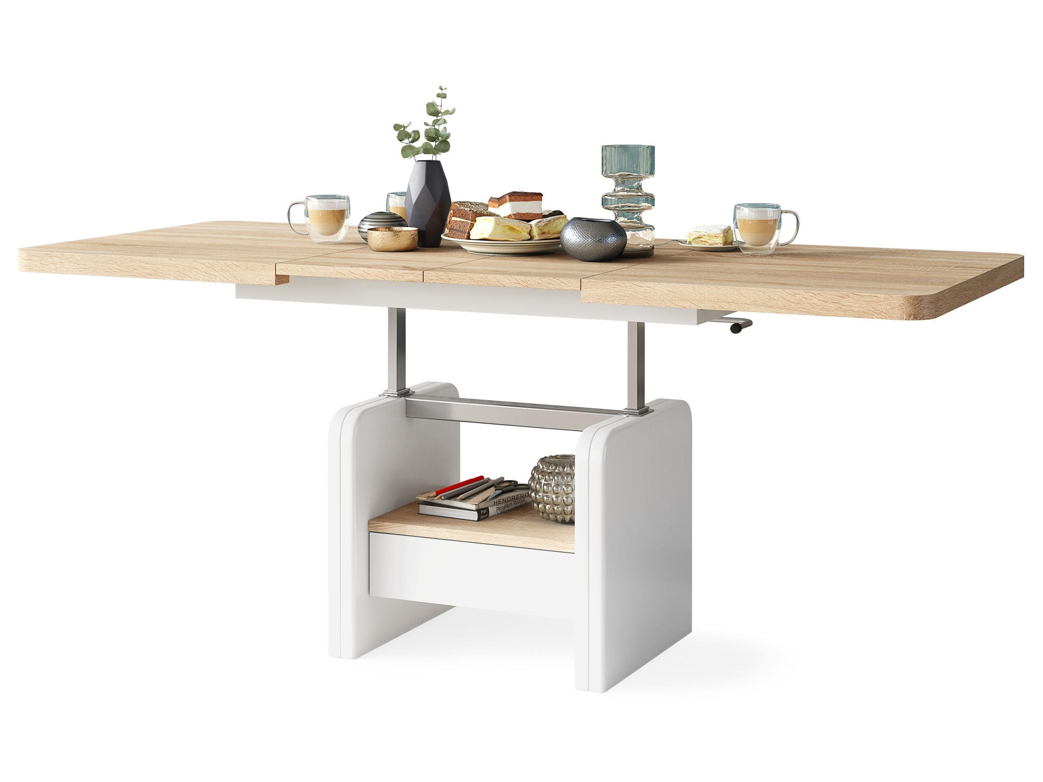 COUCHTISCH rechteckig Sonoma Eiche - Weiß höhenverstellbar ausziehbar - Weiß/Sonoma Eiche, Holzwerkstoff (75/180/75cm) - designimpex