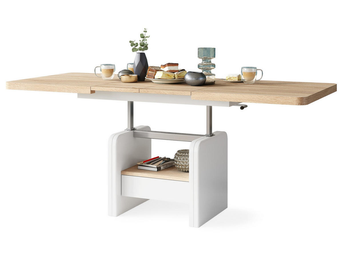 COUCHTISCH rechteckig Sonoma Eiche - Weiß höhenverstellbar ausziehbar - Weiß/Sonoma Eiche, Holzwerkstoff (75/180/75cm) - designimpex