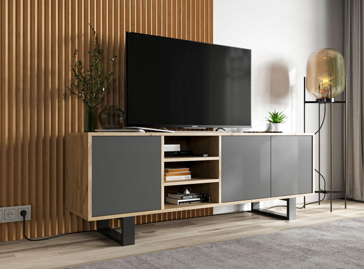 TV-LOWBOARD Apollo Eiche wotan Graphit Matt mit Metallbeinen 150 cm - Graphitfarben/Schwarz, Holzwerkstoff/Metall (150/53/35cm) - Meble Lindner
