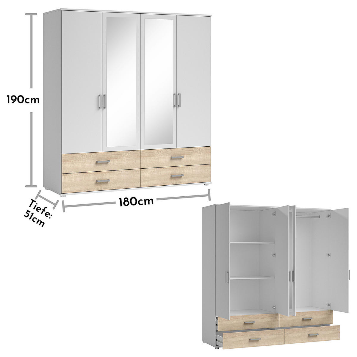 DREHTÜRENSCHRANK mit Spiegeltüren - Eichefarben/Silberfarben, Holzwerkstoff/Kunststoff (180/190/51cm) - home24