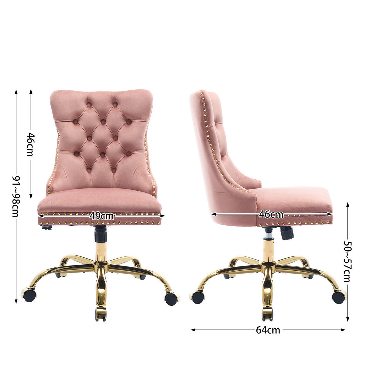 BÜROSTUHL Samt Pink mit goldfarbenem Metallgestell - Pink, Metall (50/98/63cm) - Meubliv