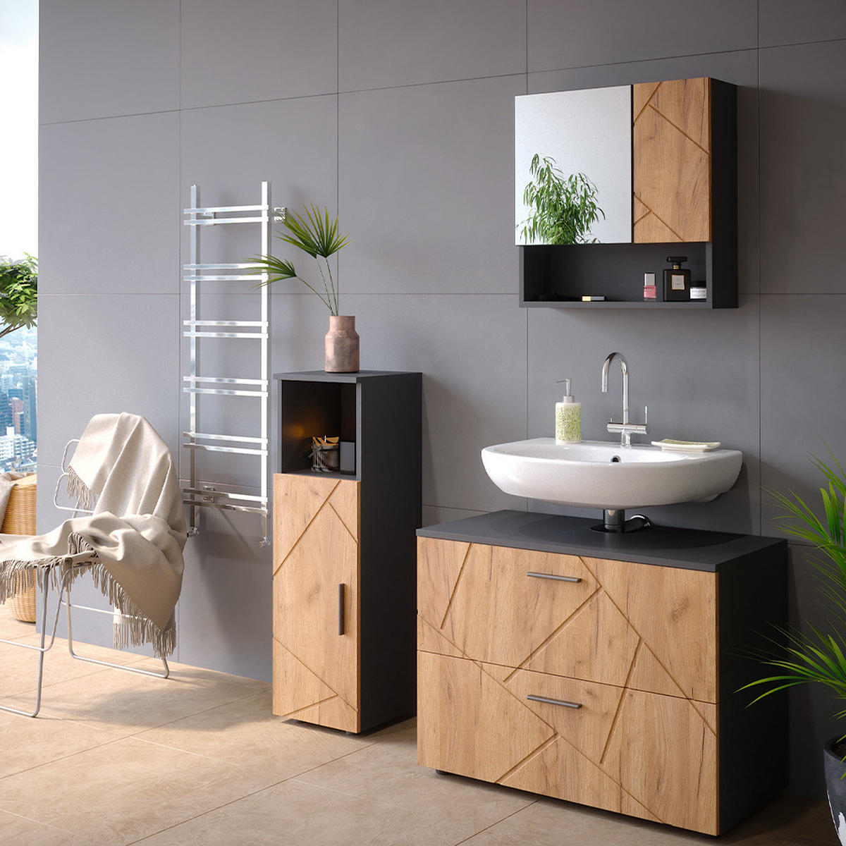 BADMÖBEL-SET Irma Goldkraft Eiche/Anthrazit 3 Teile, mit Midischrank - Honigeiche/Anthrazit, Holzwerkstoff (80/58.6/41cm) - Vicco