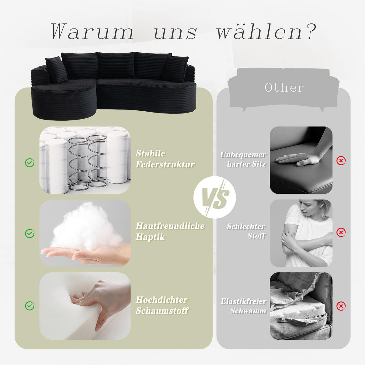 ECKSOFA Cord Schwarz mit Getränkehaltern, Seitentaschen und Kissen - Schwarz, Textil (250/152cm) - WISHDOR