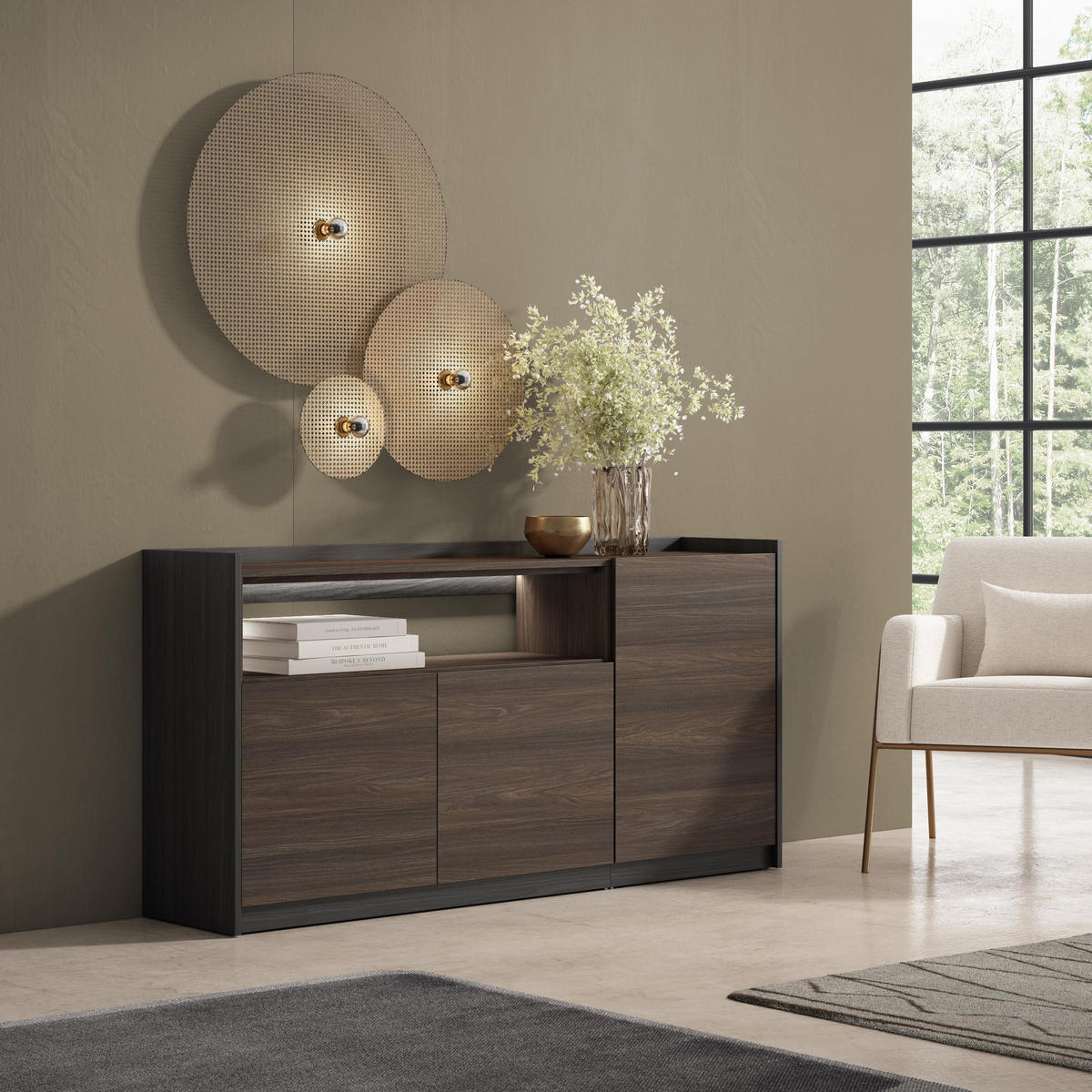 SIDEBOARD, Dunkler Eiche und Schwarz, 156/37/80cm, mit Led - Dunkelbraun, Holzwerkstoff (156/80/37cm) - Skraut Home