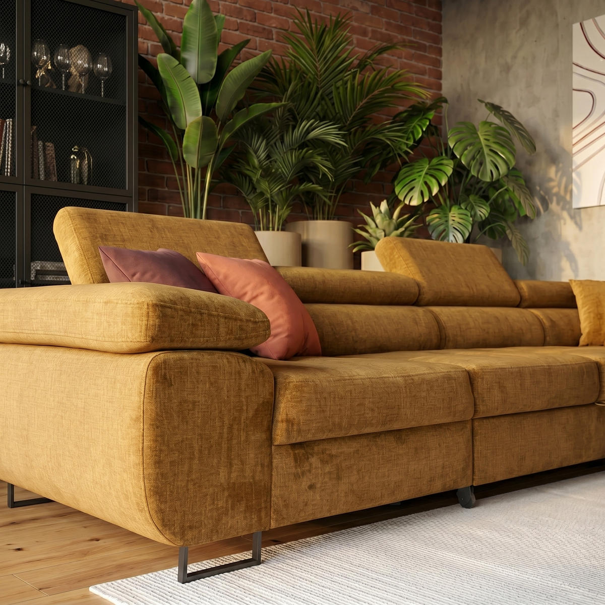 ECKSOFA WILD MAXI L Rechts mit Schlaffunktion 125x195 Velours Gold - Chromfarben/Goldfarben, Holz/Textil (203/350cm) - Muffo