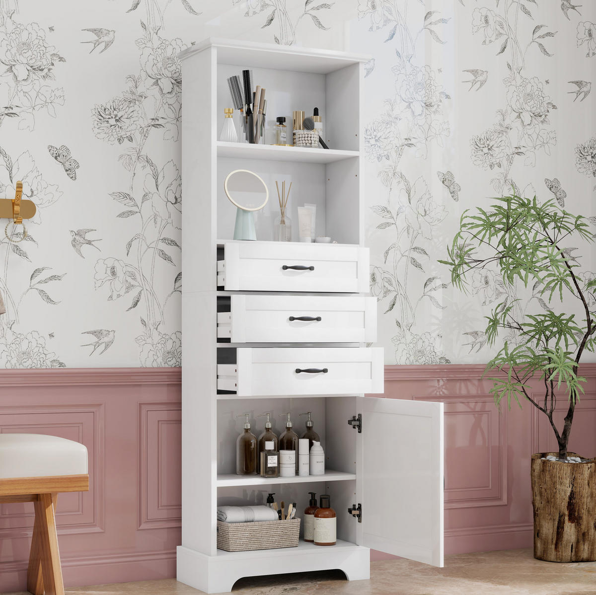 BADEZIMMERSCHRANK 56 x 25,6 x 167 cm Weiß MDF - Weiß, Holzwerkstoff (25.6/167/56cm) - Beauniv