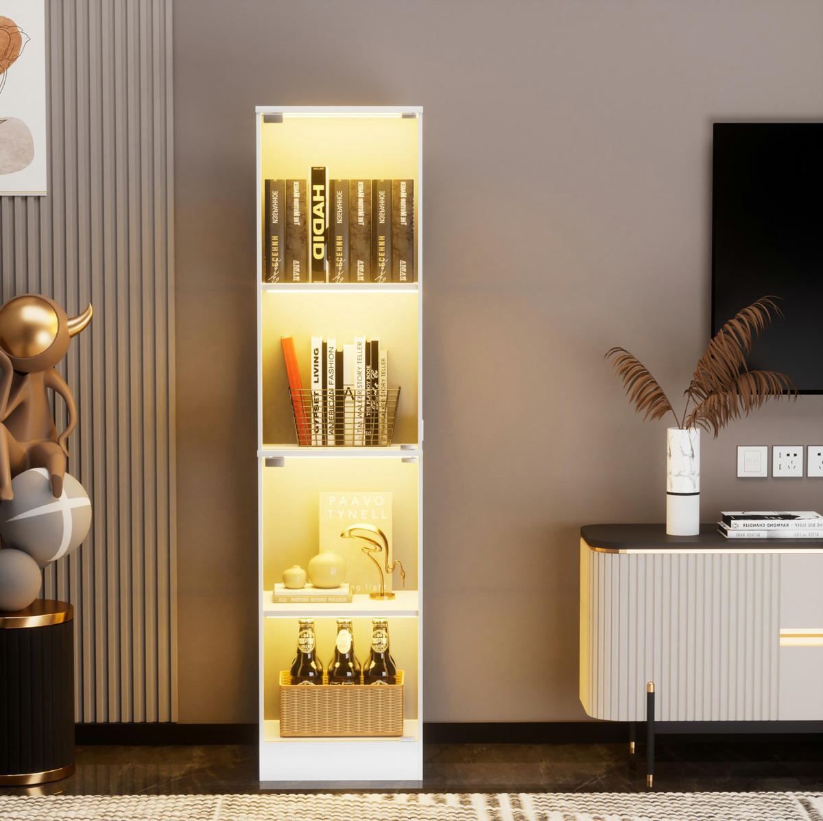 VITRINA 35/40/165 cm bijela od MDF ploče i stakla s LED rasvjetom i senzorom pokreta - bijela, drvni materijal (40/165/35cm) - OKWISH