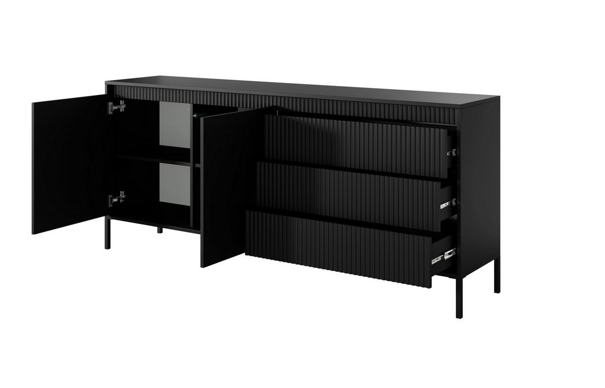 ​KOMMODE SENSO 2D3S, Geriffelte MDF-Fronten, Push-to-Open, Metallfüße, 187x81,4x39,5 cm - Schwarz - Schwarz, Holz/Holzwerkstoff (187/82/40cm) - DomoHome