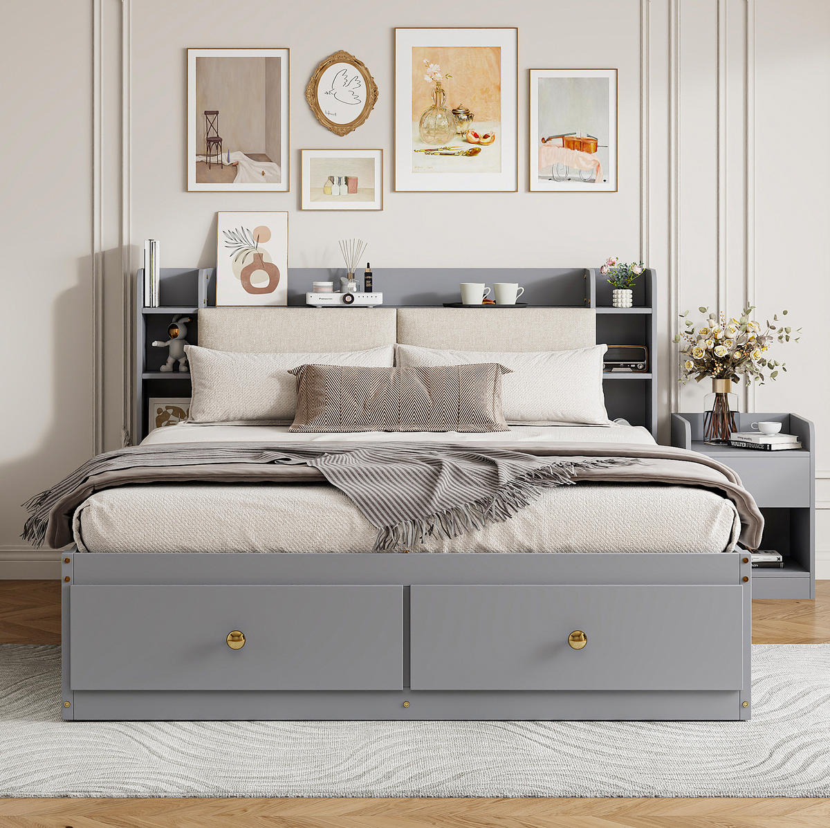 BETT mit Kopfteil 140/200 cm in Grau – mit Stauraum, Sideboard und inkl. Lattenrost - Grau, Holz (140/200cm) - BEAOK