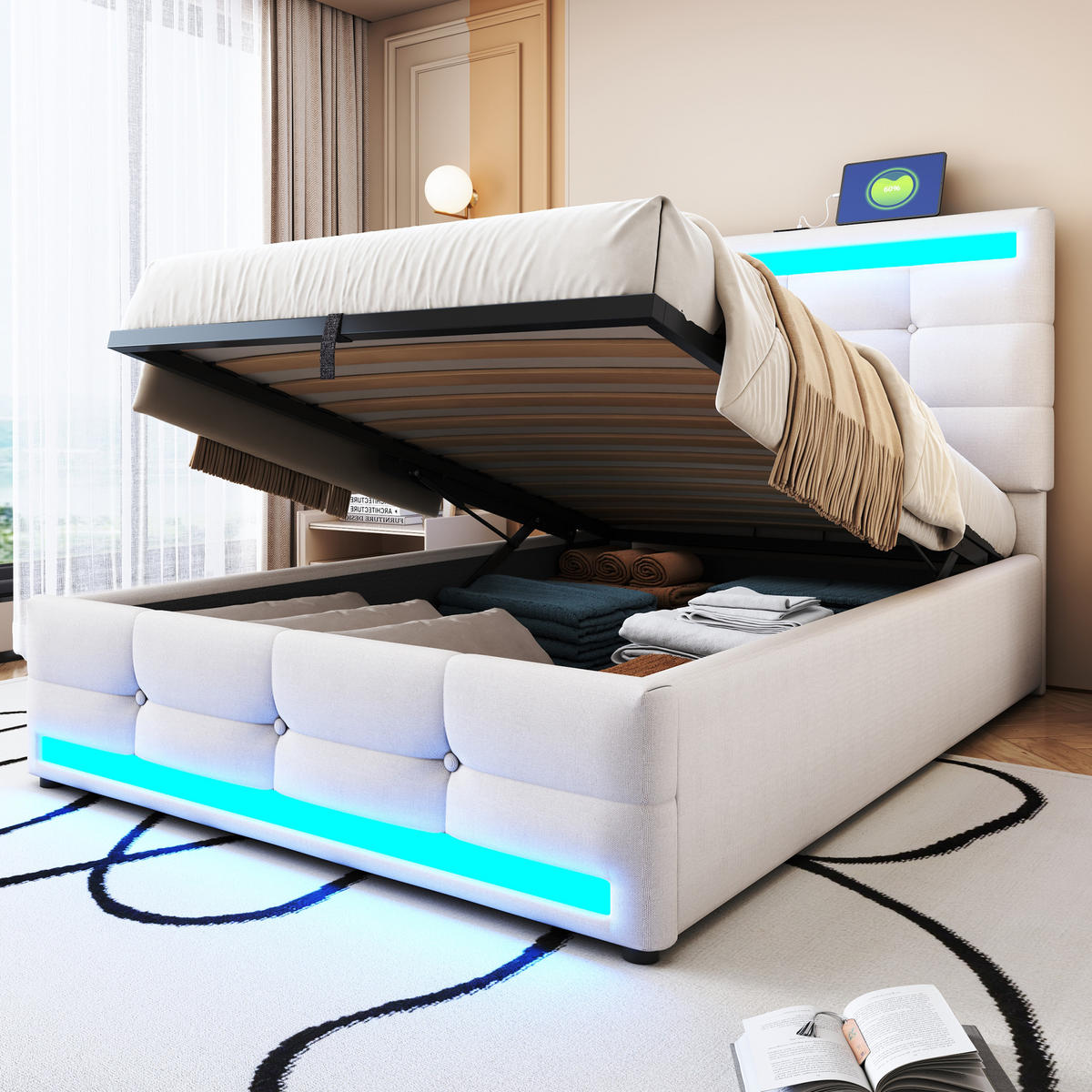 POLSTERBETT 90/200 cm Beige aus Leinen mit Stauraum und LED-Beleuchtung mit USB - Beige, Textil (90/200cm) - OKWISH