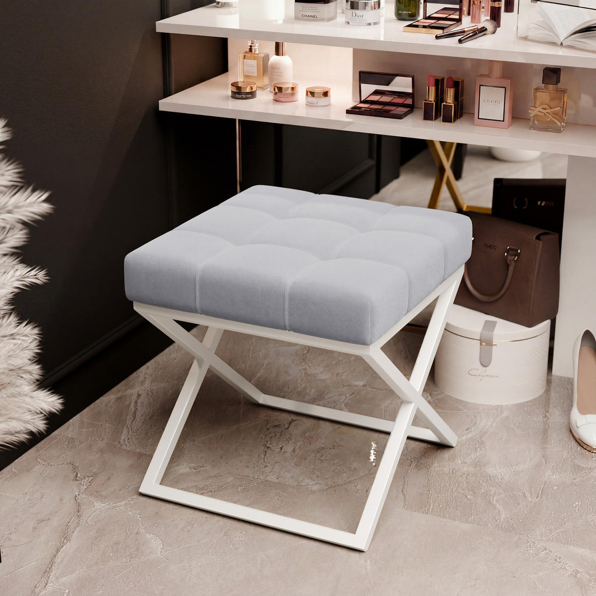 HOCKER LIND 45/45/45 cm, Weiß / Grau - Weiß/Grau, Textil/Metall (45/45/45cm) - Idohome