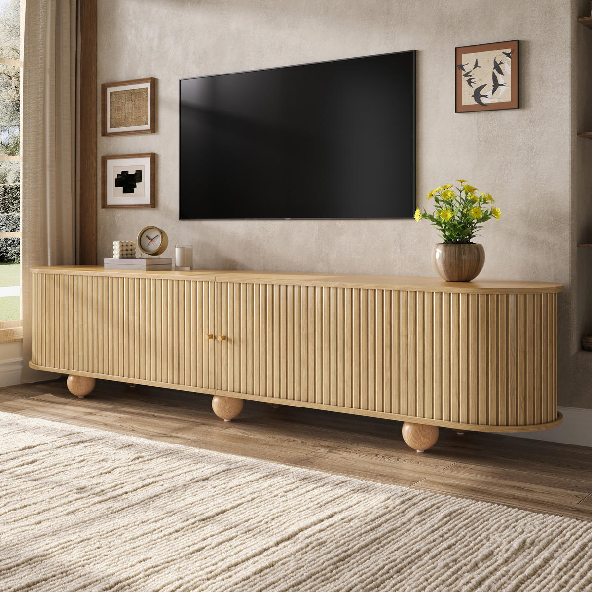 TV-LOWBOARD Rund Rillenoptik Schiebetüren Retro Kugelfüße - Naturfarben, Holzwerkstoff (180/45/35cm) - FLIEKS