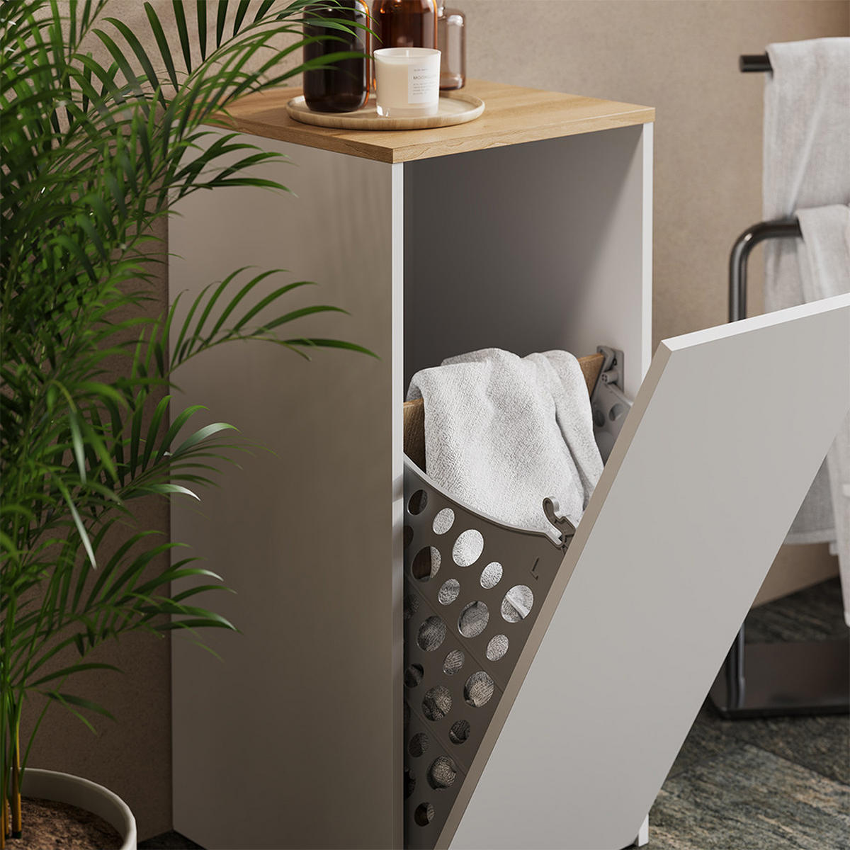 BADSCHRANK Viktor Weiß/Artisan 40.2 x 88.2 cm mit Wäschkorb - Weiß, Holzwerkstoff (40.2/88.2/40.5cm) - Vicco