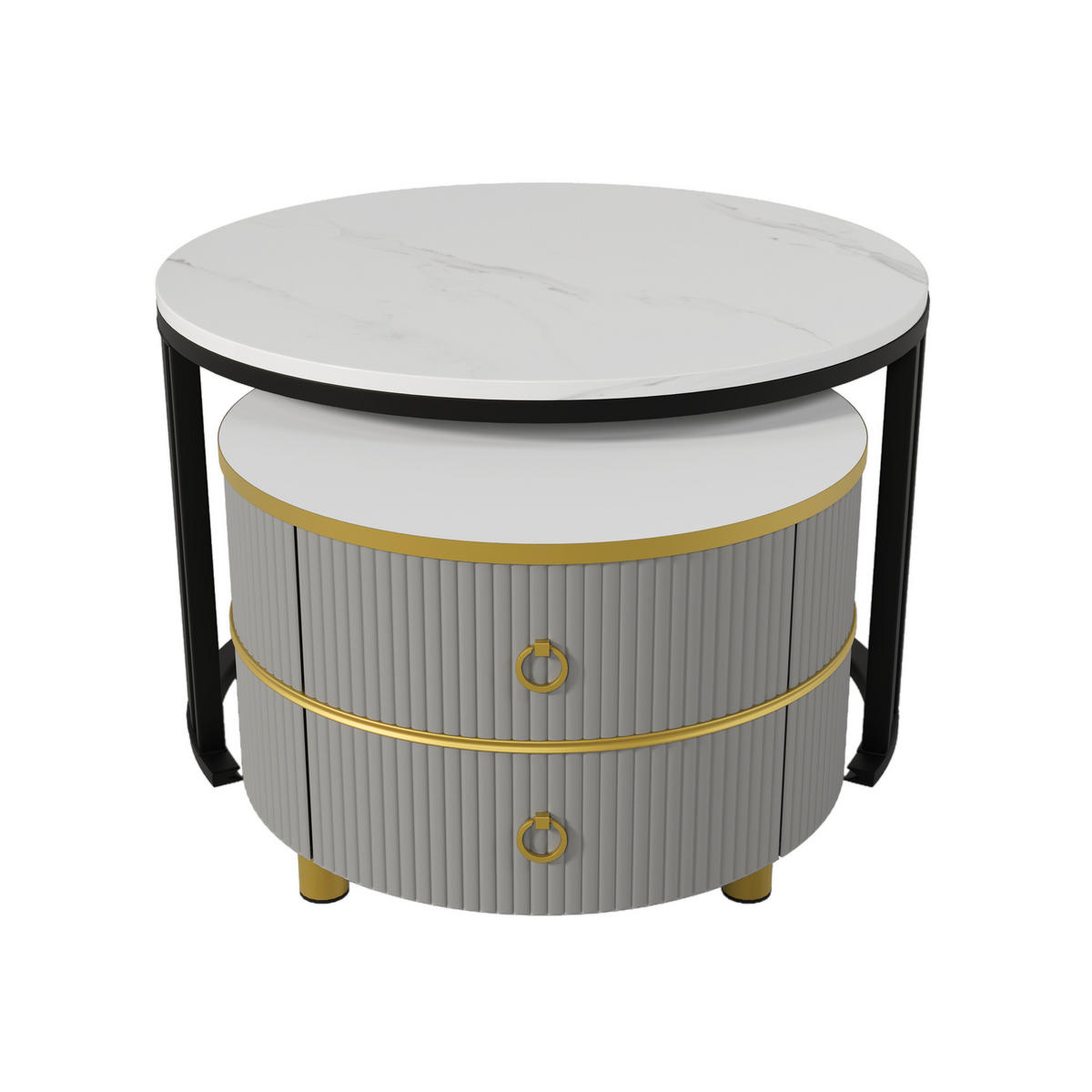 COUCHTISCH 2-in-1 rund grau MDF mit Marmorplatte 70/70cm und 50/50cm - Weiß/Grau, Holzwerkstoff (70/70/46cm) - OKWISH