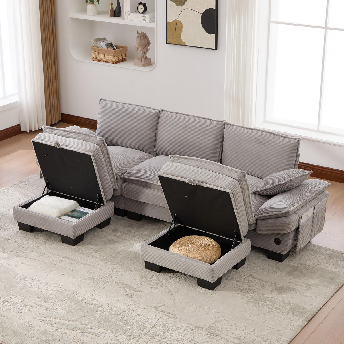 WOHNLANDSCHAFT Cord Hellgrau mit USB-C, Seitentaschen und mit 2 Hocker - Hellgrau, Holzwerkstoff/Kunststoff (260/84/132cm) - WISHDOR
