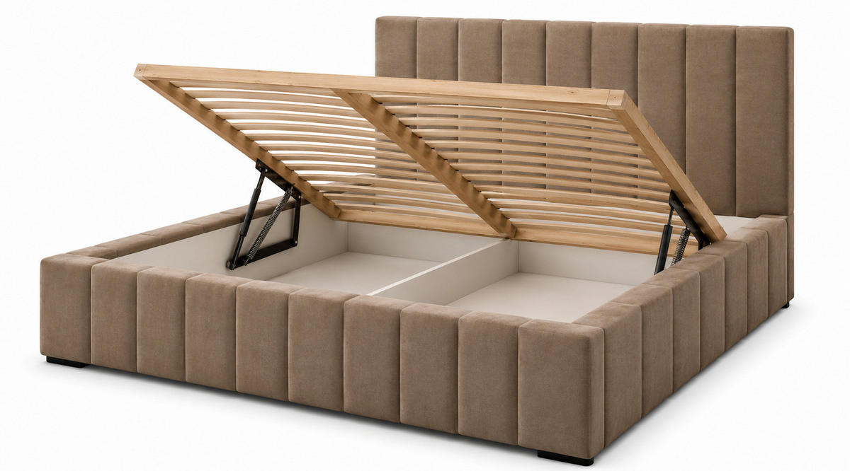 MARPUR Polsterbett NERO 180x200 cm mit Bettkasten und Lattenrost, Hellbraun - Chromfarben/Hellbraun, Holz/Holzwerkstoff (180/200cm) - Marpur