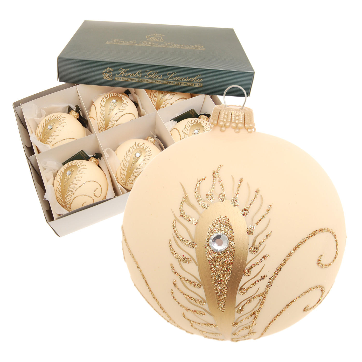 CHRISTBAUMKUGELN Pfaufeder-Dekor Beige 8cm (Glas / 6 Stk.) - Beige, Glas (8/8/8cm) - Krebs Glas Lauscha