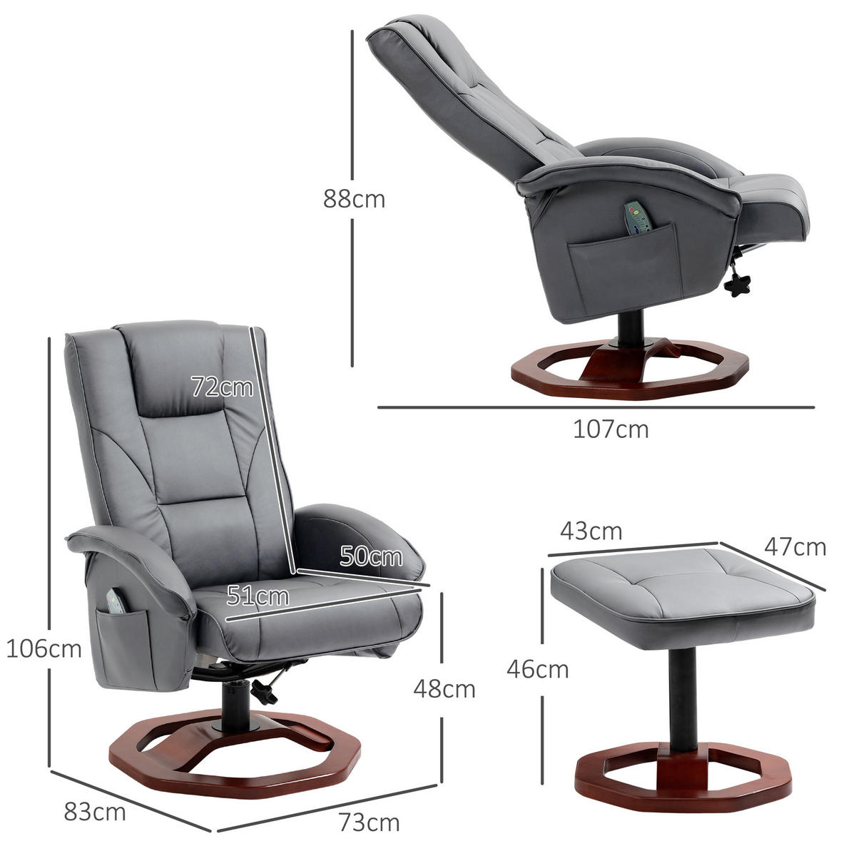 MASSAGESESSEL mit Hocker, Liegefunktion, Fernbedienung, bis 150 kg, Dunkelgrau - Dunkelgrau, Leder (83/106/73cm) - HOMCOM