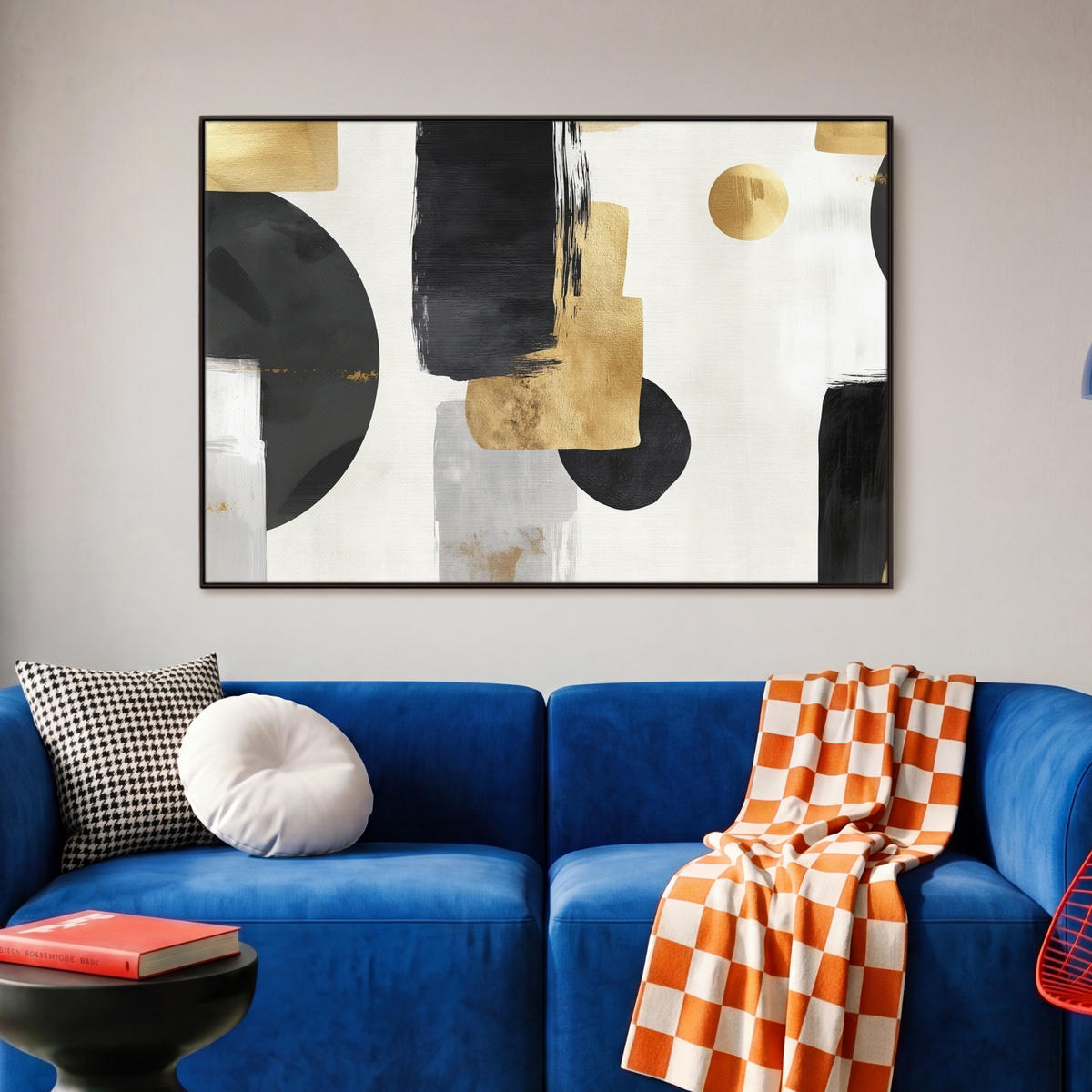 LEINWAND Bilder mit Rahmen - Gold - Rechtecke - Kreise - Abstrakt - 90x60 - Weiß, Textil (90/60cm) - MuchoWow