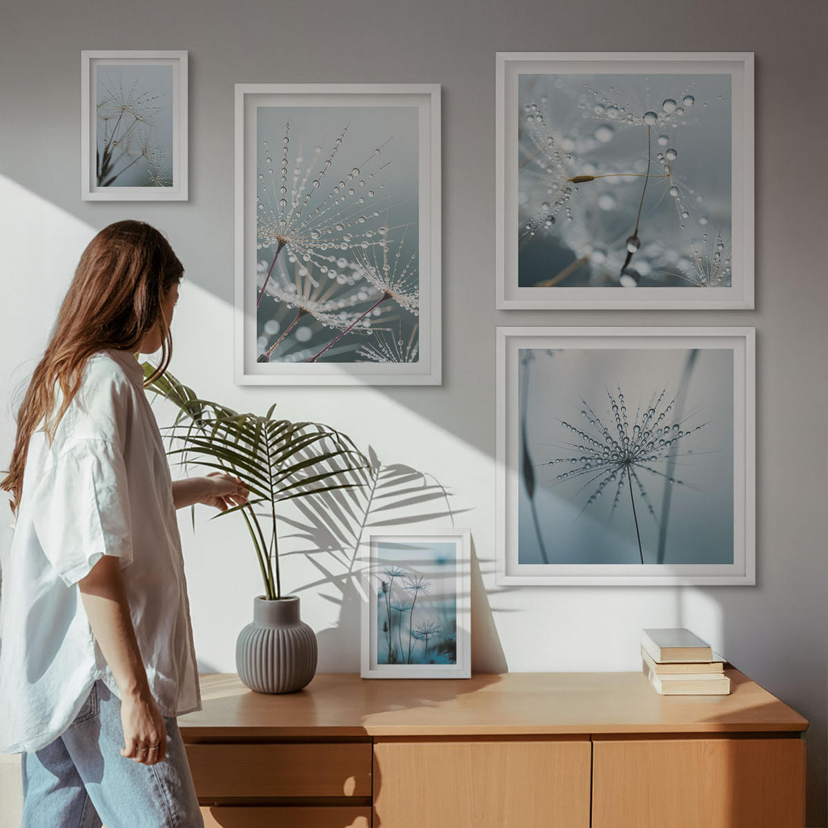 WANDBILDER 5er-Set - 50x50 cm & 20x30 cm & 40x60 cm Weißer Rahmen - Tautropfen auf Löwenzahn - Weiß, Kunststoff (40/60cm) - ArtPrintCave