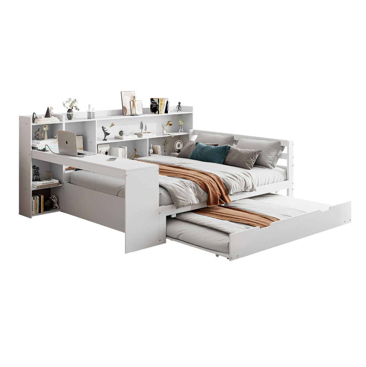 BETT aus 140x200 cm Weiß mit Ausziehbett, Schreibtisch, Regalen und Steckdose - Weiß, Holzwerkstoff (90/200cm) - Modfu